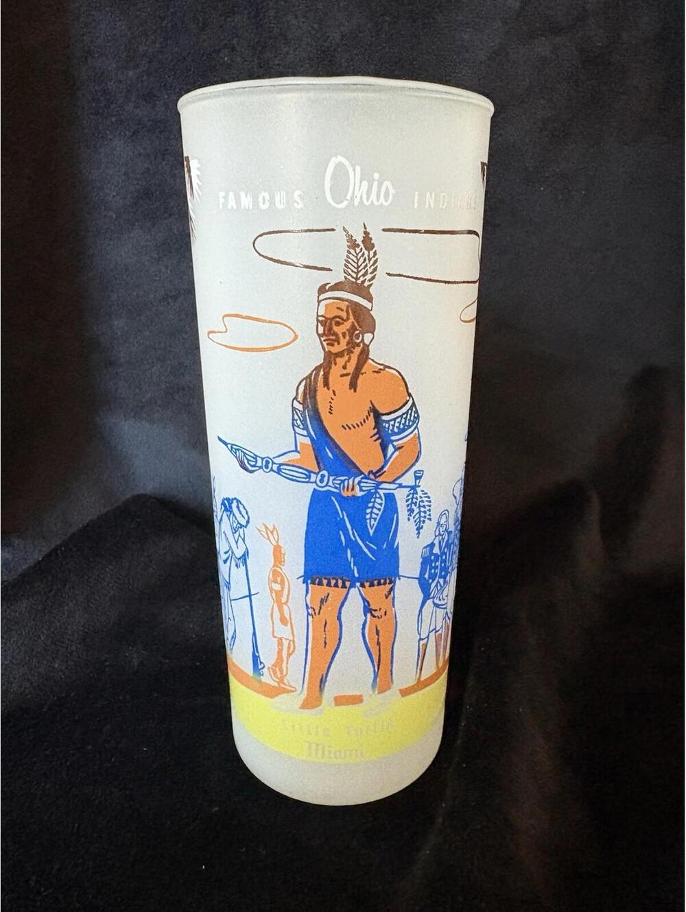 Vintage Frosted Glass Tumbler - LITTLE TURTLE MIAMI -Famous Ohio Indians 16oz
